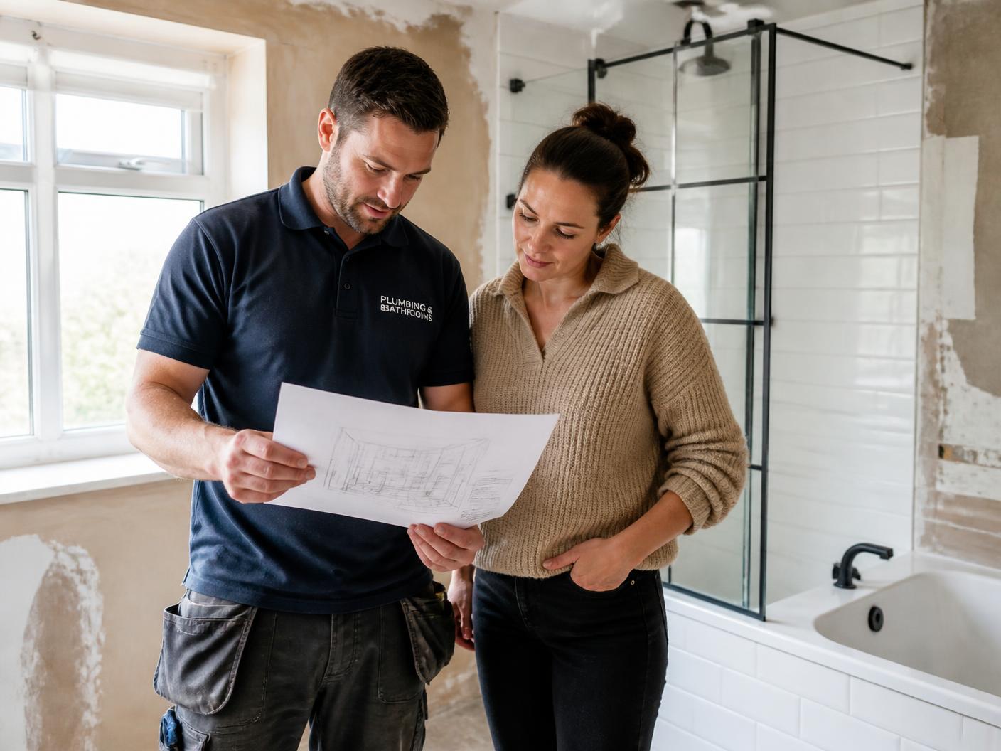 Bathroom fitter discussing plans with a homeowner